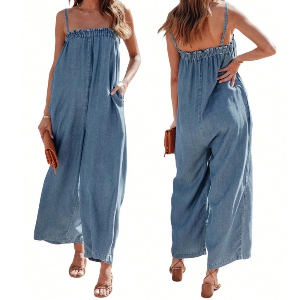 Solid Medium Wash Chambray Stretchy Bust Wide Leg Denim Jumpsuit S M L